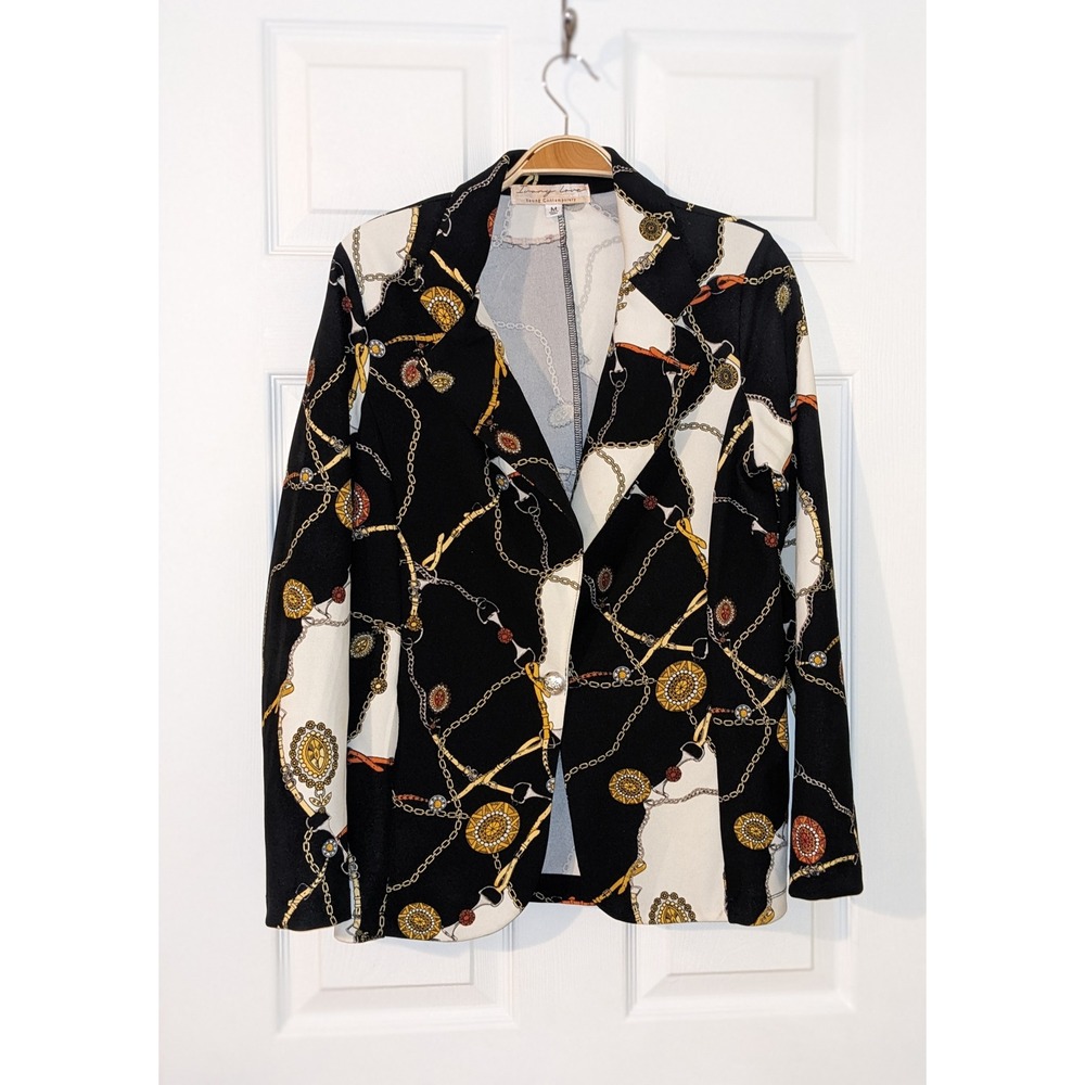 Ivory Love Blazer Chain Print Gold Accents Career Jacket Size‎ M